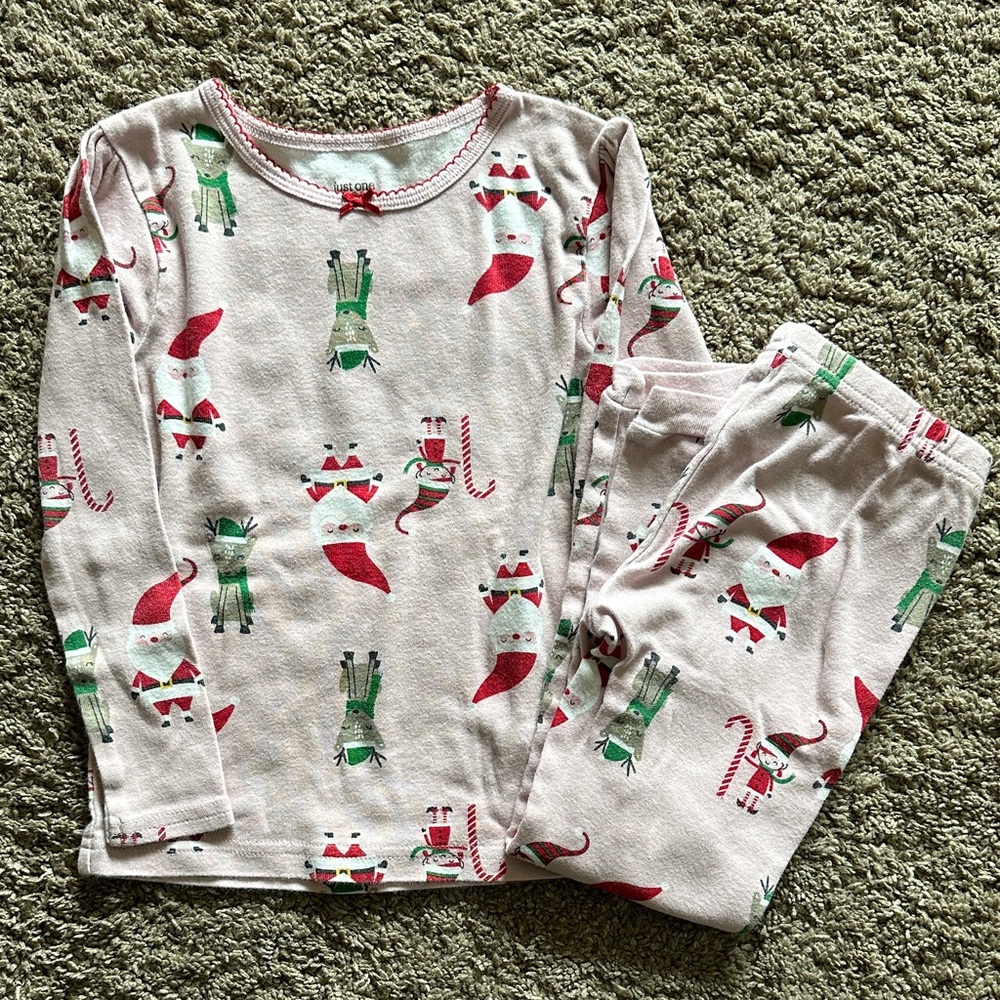 Carter's Pink Pajama Set with Santa and Elf Print